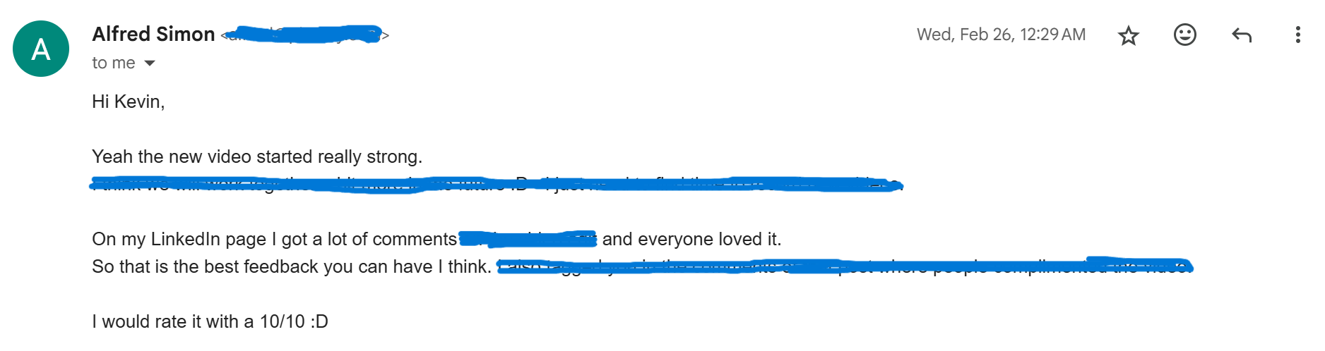 Client email — Alfred Simon, 10/10 rating
