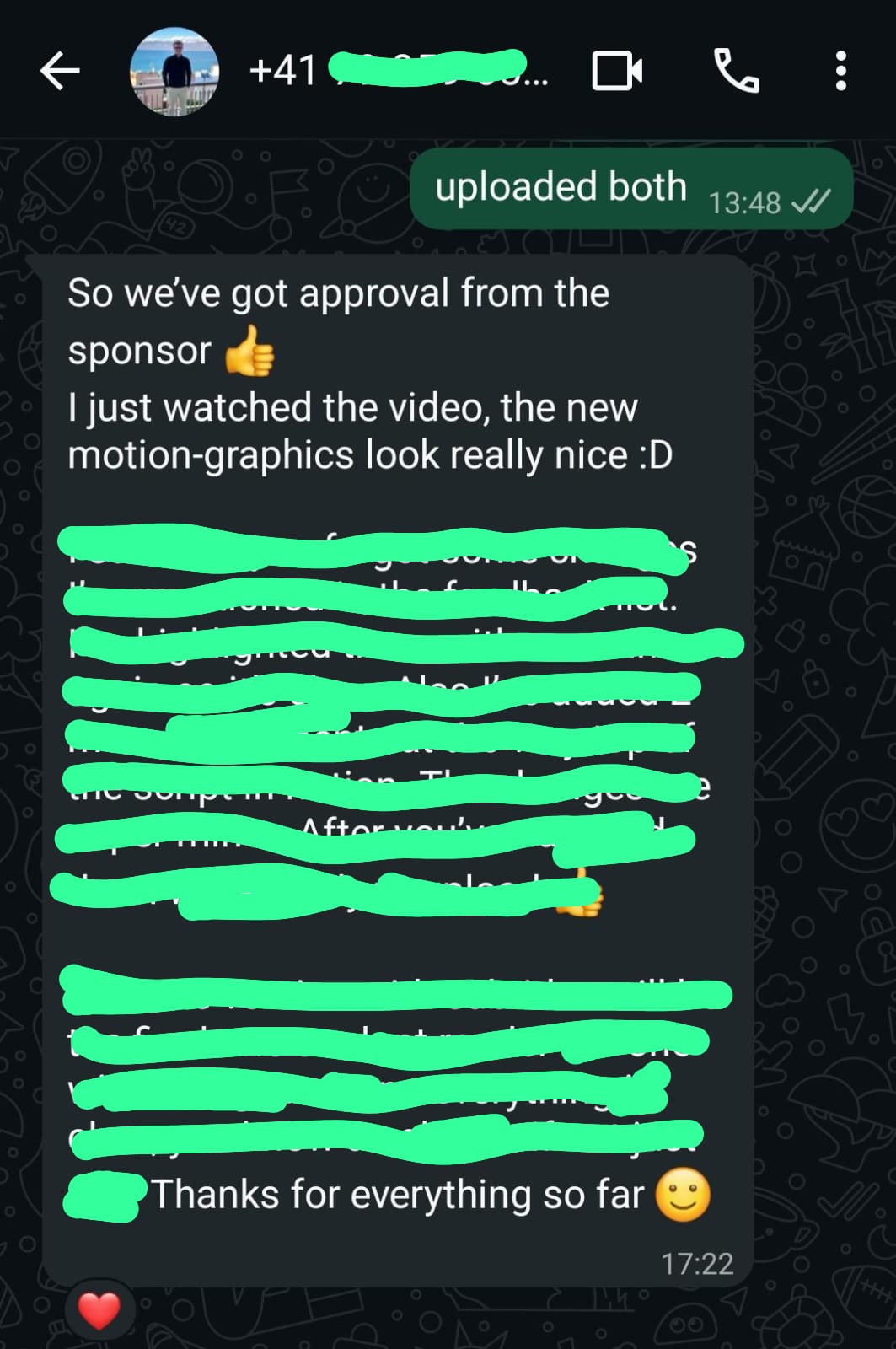 Client WhatsApp message — sponsor approval and motion-graphics feedback