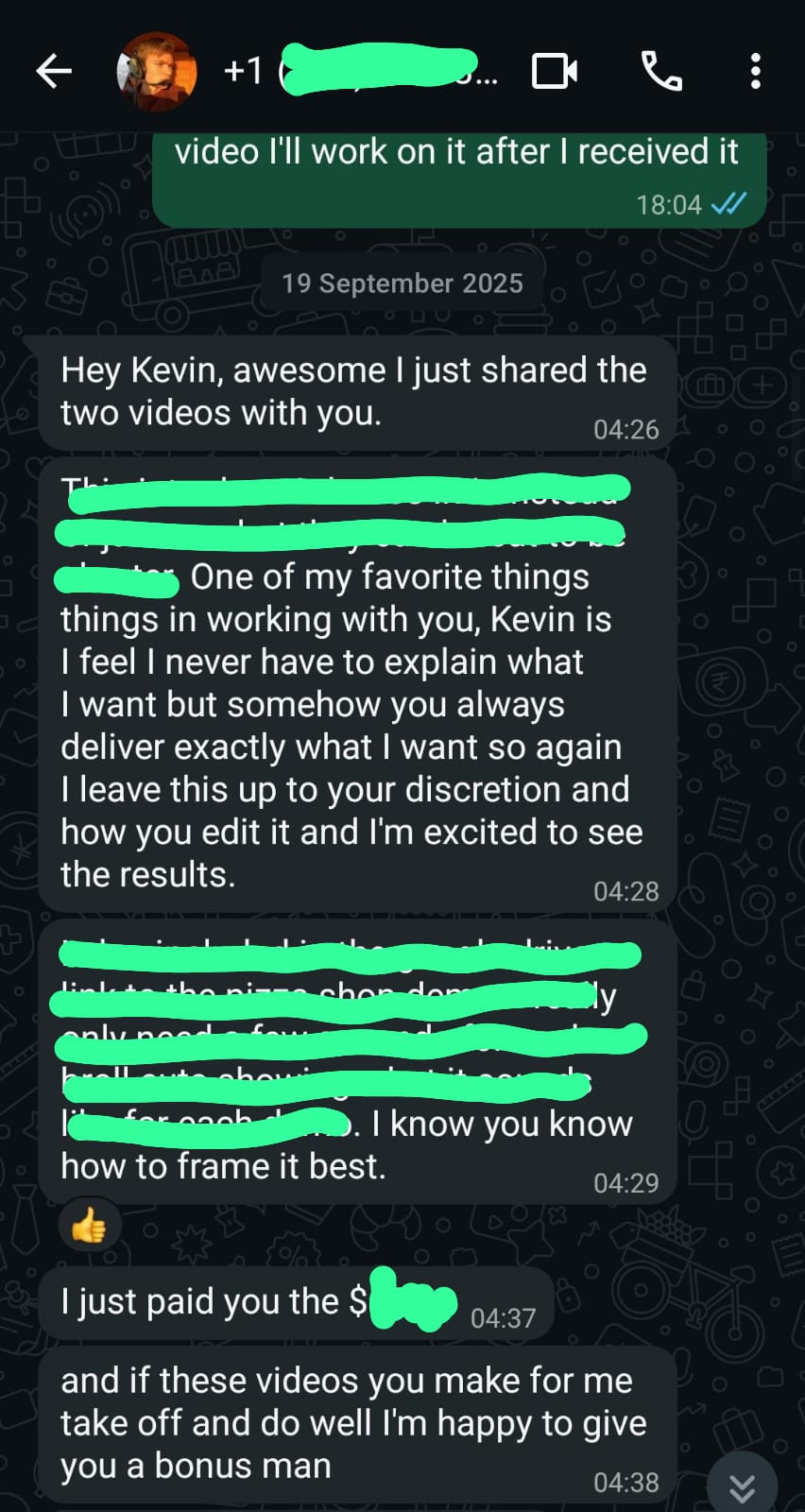 Client WhatsApp message — trust and bonus feedback